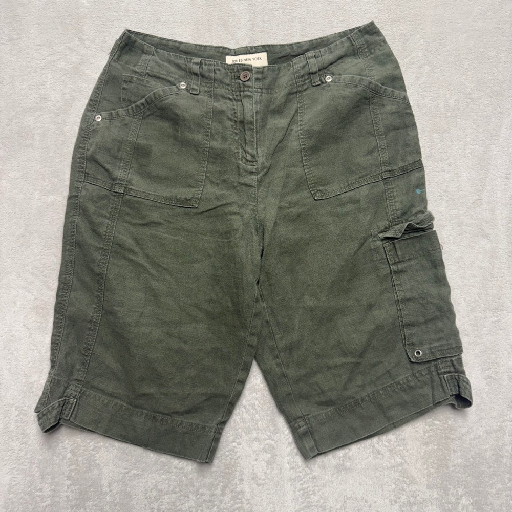 Jones New York Sport Womens 6 Olive Green 100% Linen Cargo Shorts Utility 11in